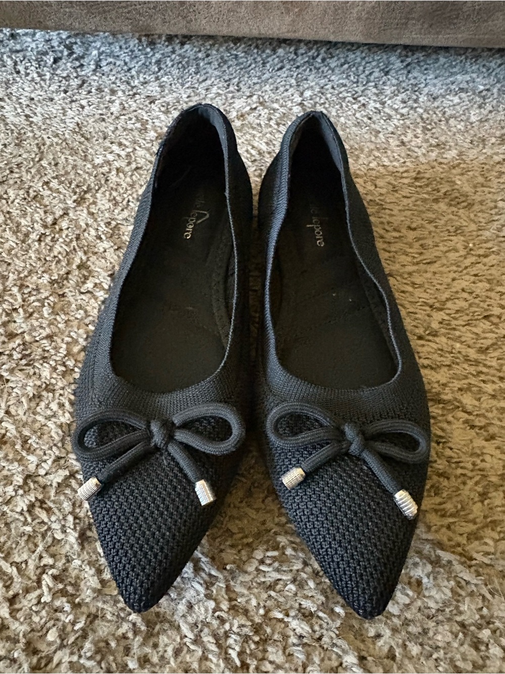 Women's Black Knit Pointed Toe Bow Flats Slip-On Shoes NWOT